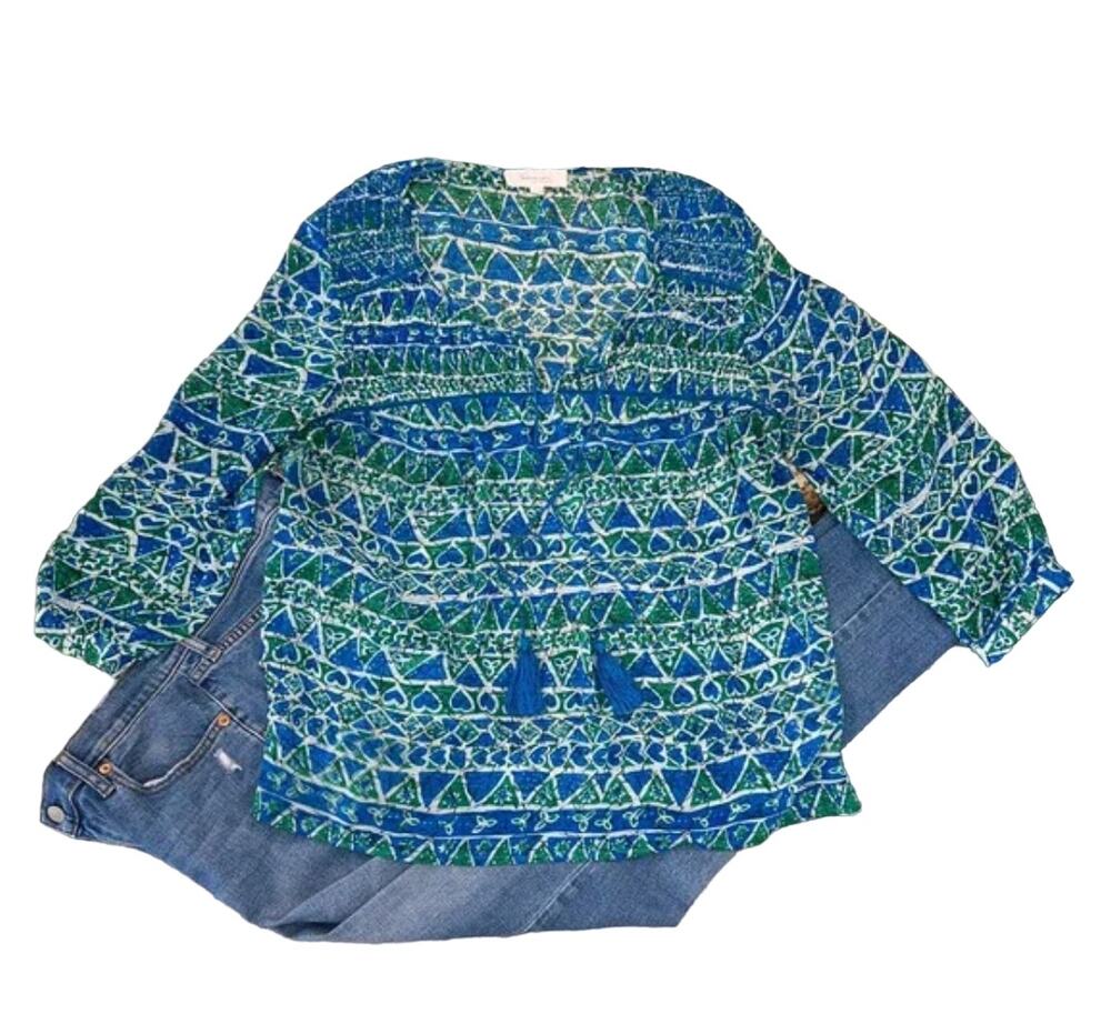 Vince Camuto Turquoise & Green Sheer Batik Tassel Boho Peasant Top - M